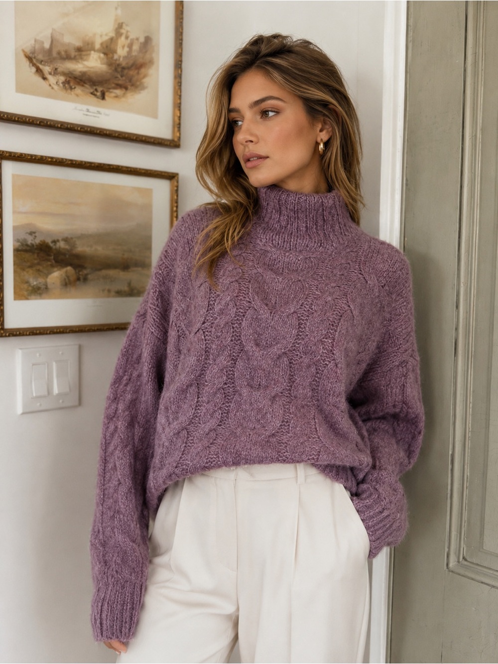 Cozy Cable-Knit Mock Neck Sweater - Dusty Lavender